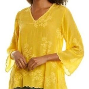 Johnny Was Mandi Tunic Top Yellow Blouse sz L Embroidered Floral